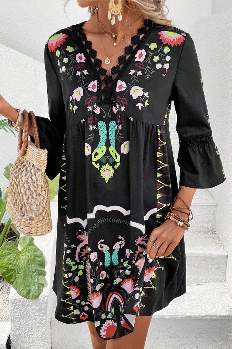 CWDMD4946_SUMMER V-NECK LACE PATCHWORK CASUAL PRINT DRESS