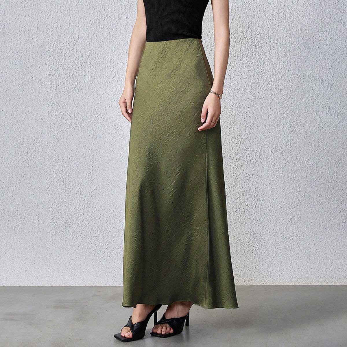 SATIN SKIRT HIGH WAIST ELASTIC PATTERN LONG SKIRT
