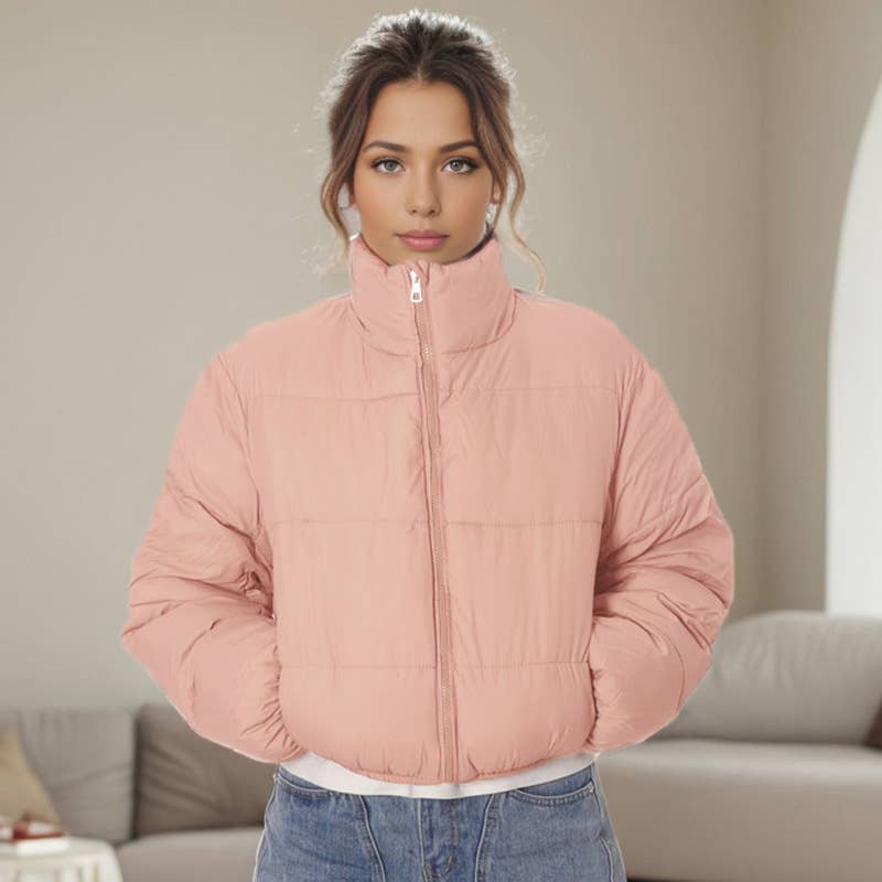 SOLID COLOR STANDING COLLAR WARM SHORT JACKET