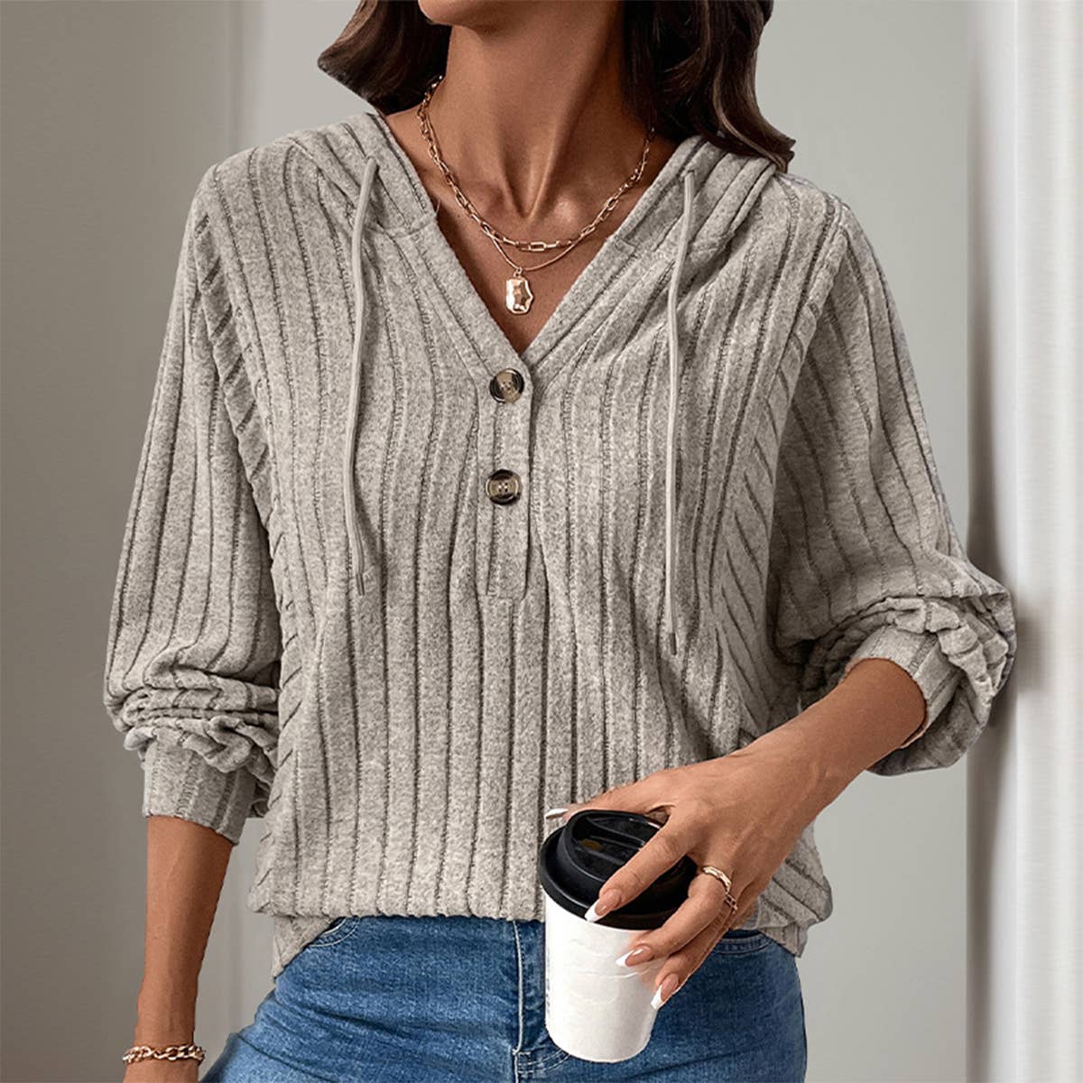 SOLID COLOR WOOLEN PIT STRIP HOODIE FOR WOMEN