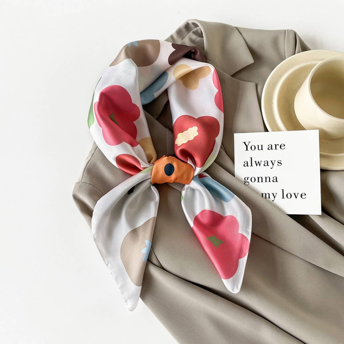 Mint Mambo Style Cartoon Print Satin Square Scarf