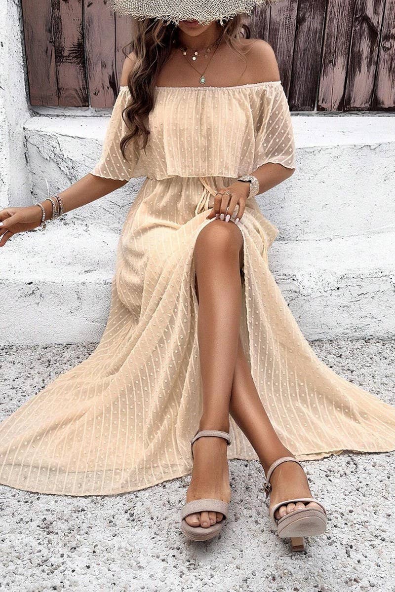 CWDMD5706_SEXY ONE-SHOULDER SOLID COLOR SHORT-SLEEVED DRESS