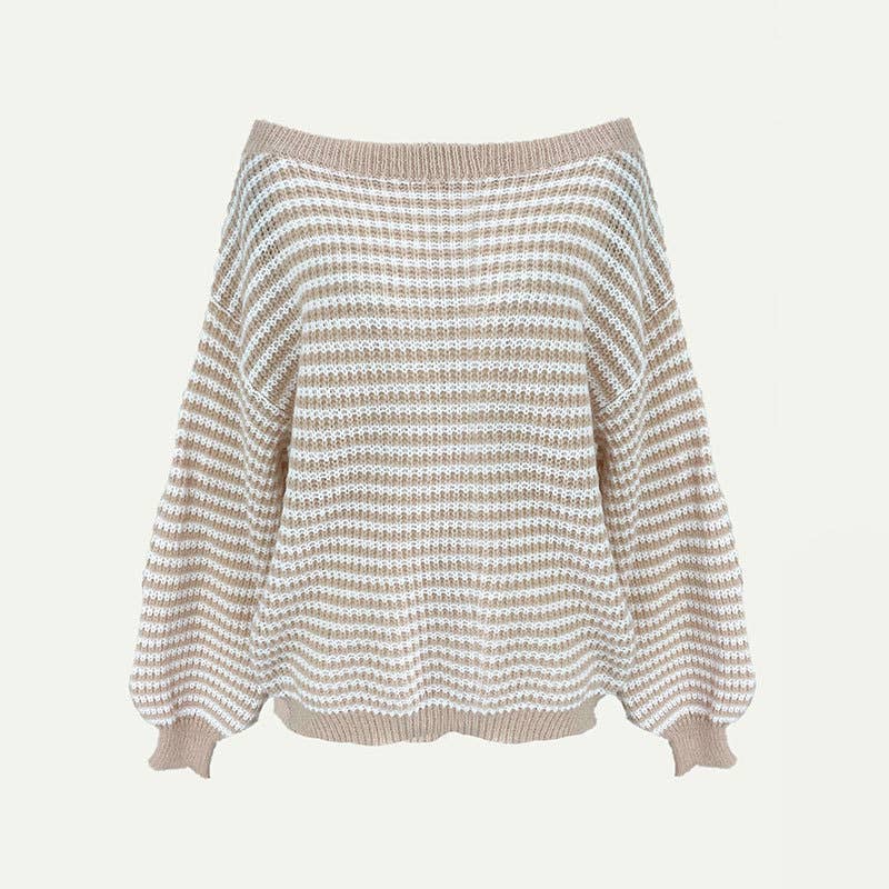 Striped off-the-shoulder sleeve knitted sweater