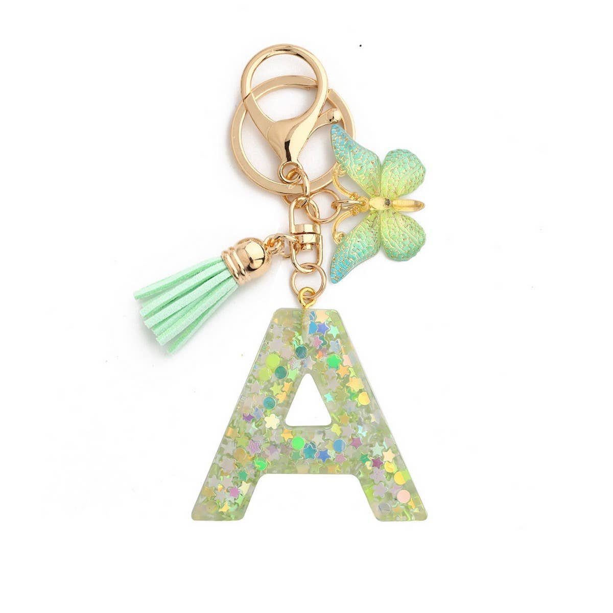 Green Butterfly Resin Letter Keychain with Glitter_CWAB5079