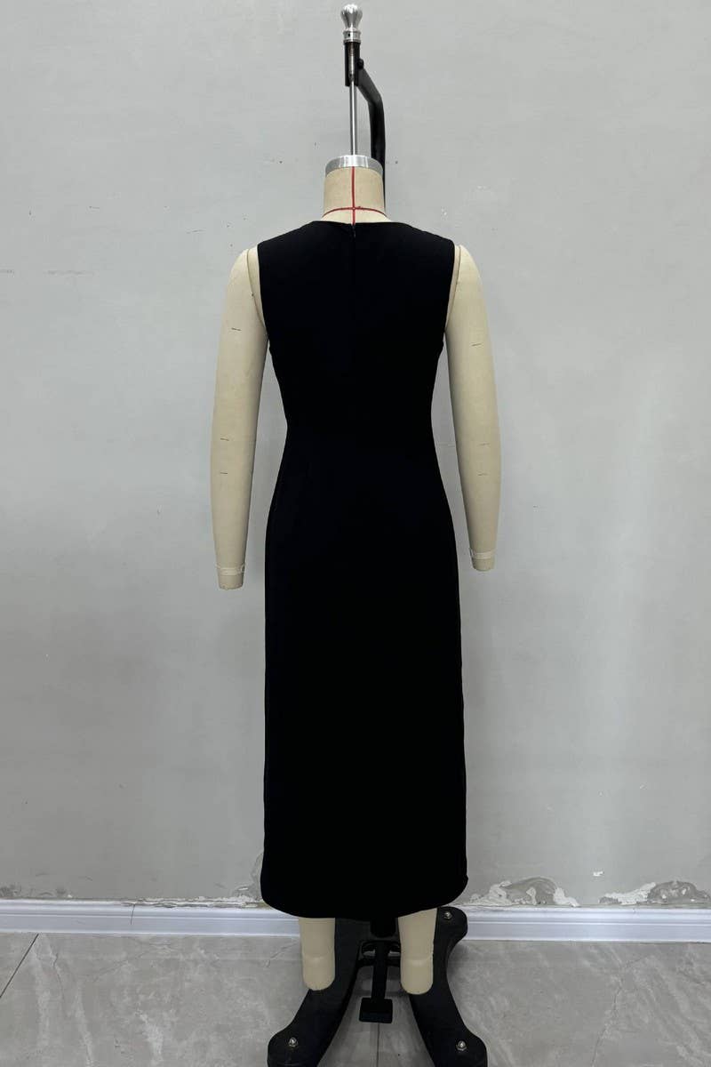 CWDMD6407_RUCHED SLEEVELESS SPLIT SOLID MIDI DRESS