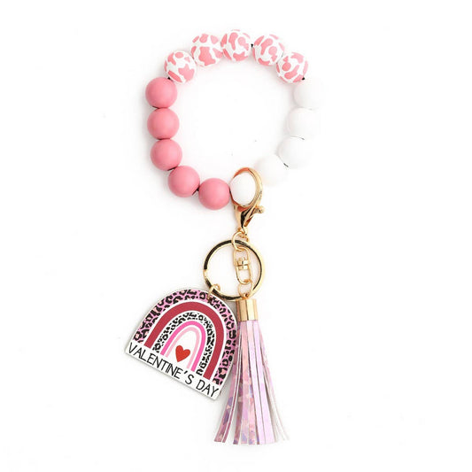 Heart Charm Wooden Bead Bracelet Keychain_CWAB5077