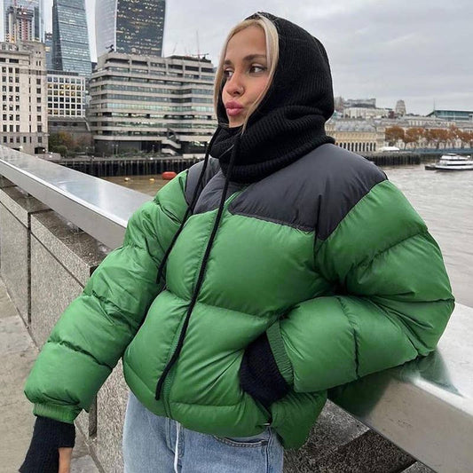 SOLID COLOR ROUND NECK ZIPPER POCKET BREAD JACKET