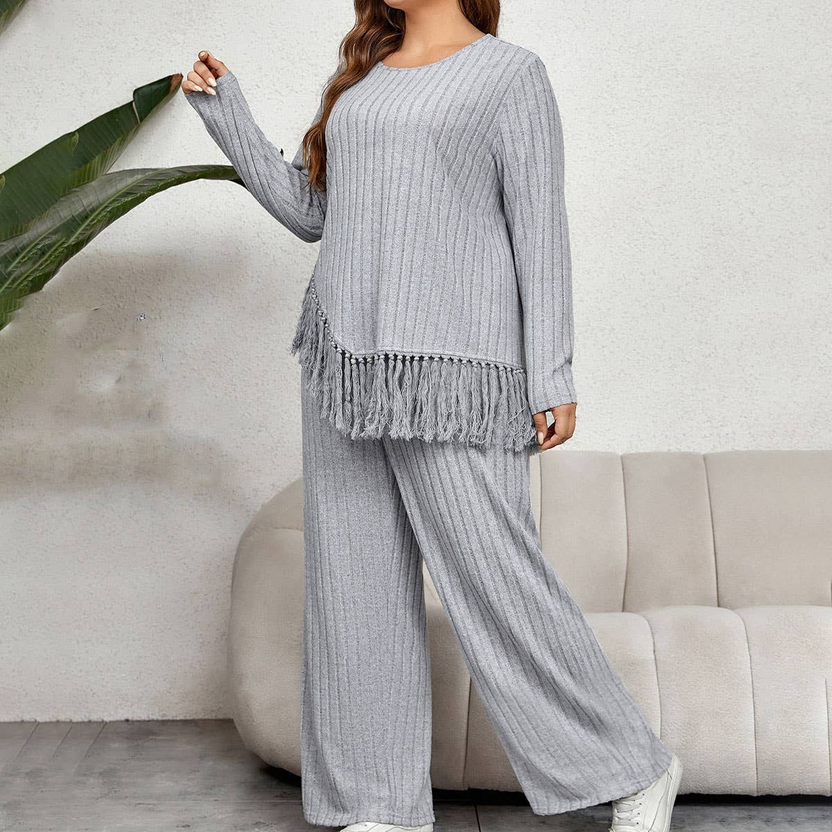 IRREGULAR FRINGE TOP LOOSE WIDE LEG PANT SUIT