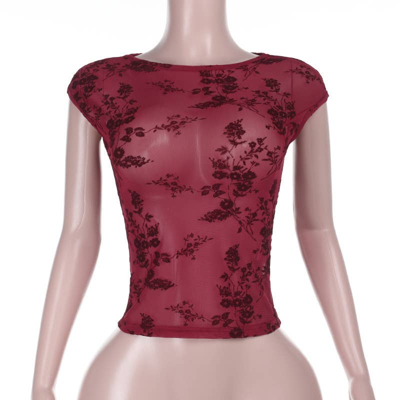 Sheer Mesh Vintage Print Sexy Top Short Sleeve
