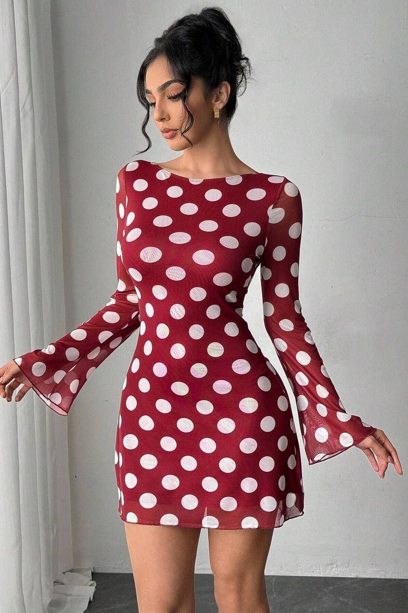 CWDSD8265_POLKA DOT OPEN BACK MESH BELL SLEEVE MINI DRESS