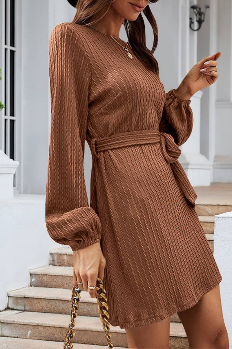 CWDSD7222_NEW STYLE CABLE KNITTED PUFF SLEEVE CASUAL DRESS