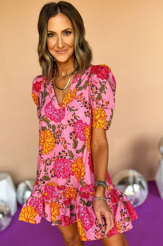 CWDSD5384_V-NECK SHORT SLEEVE FLOWER PRINT DRESS SHORT