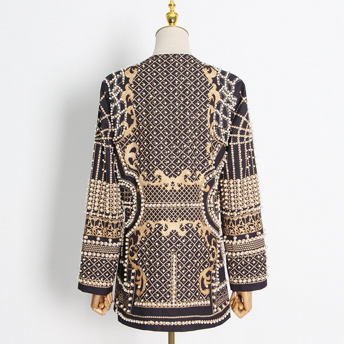 Stylish V-Neck Beaded Print Blazer Jacket_CWOCO1215