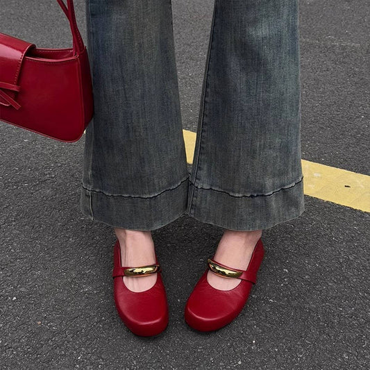 Red Leather Mary Janes Flat Ballet Shoes_CWSHF0135