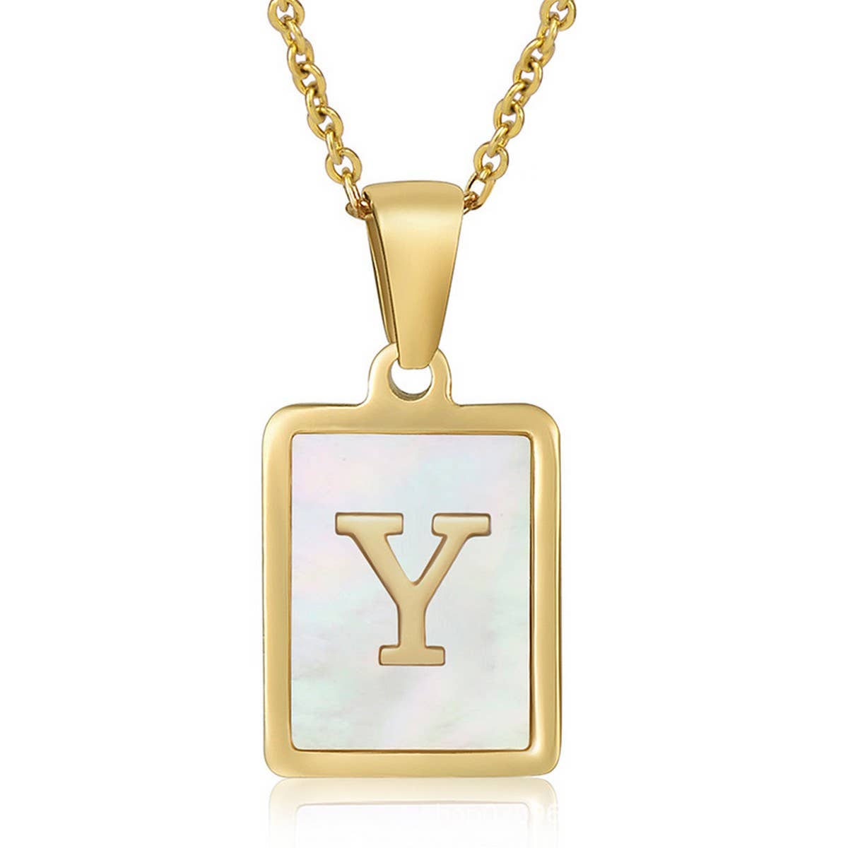 CWAJE1917_Square Stainless Steel White Shell Letter Necklace