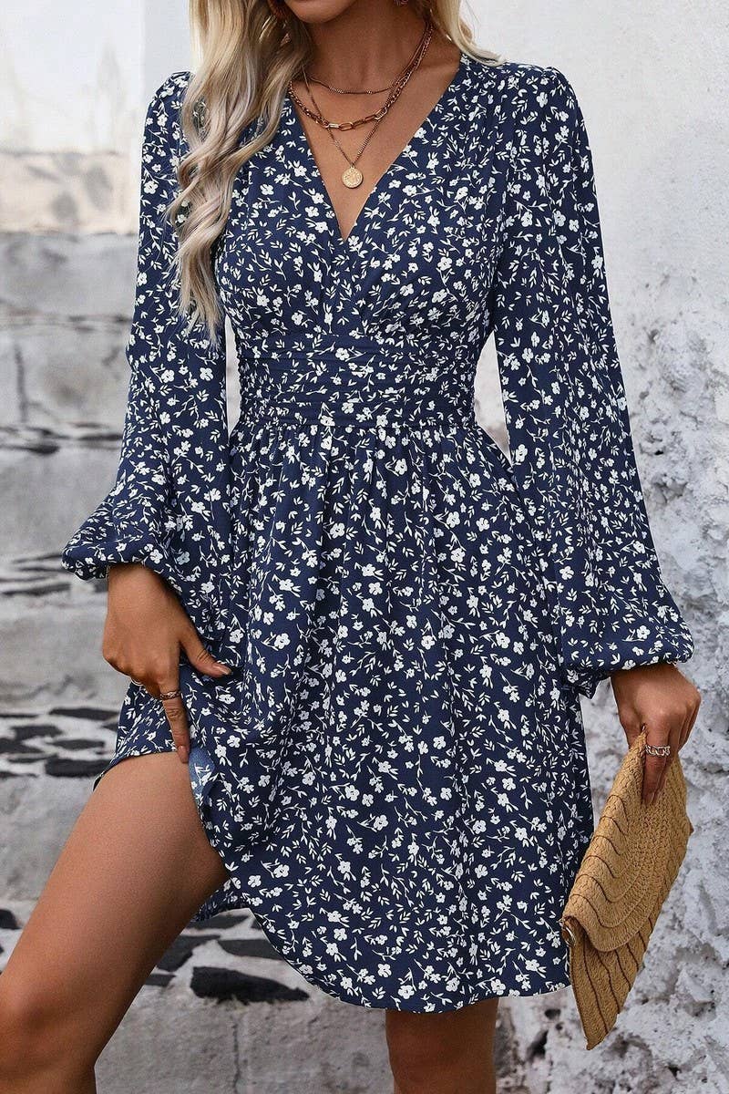 CWDSD8399_V NECK LANTERN SLEEVE RUCHED WAIST DRESS