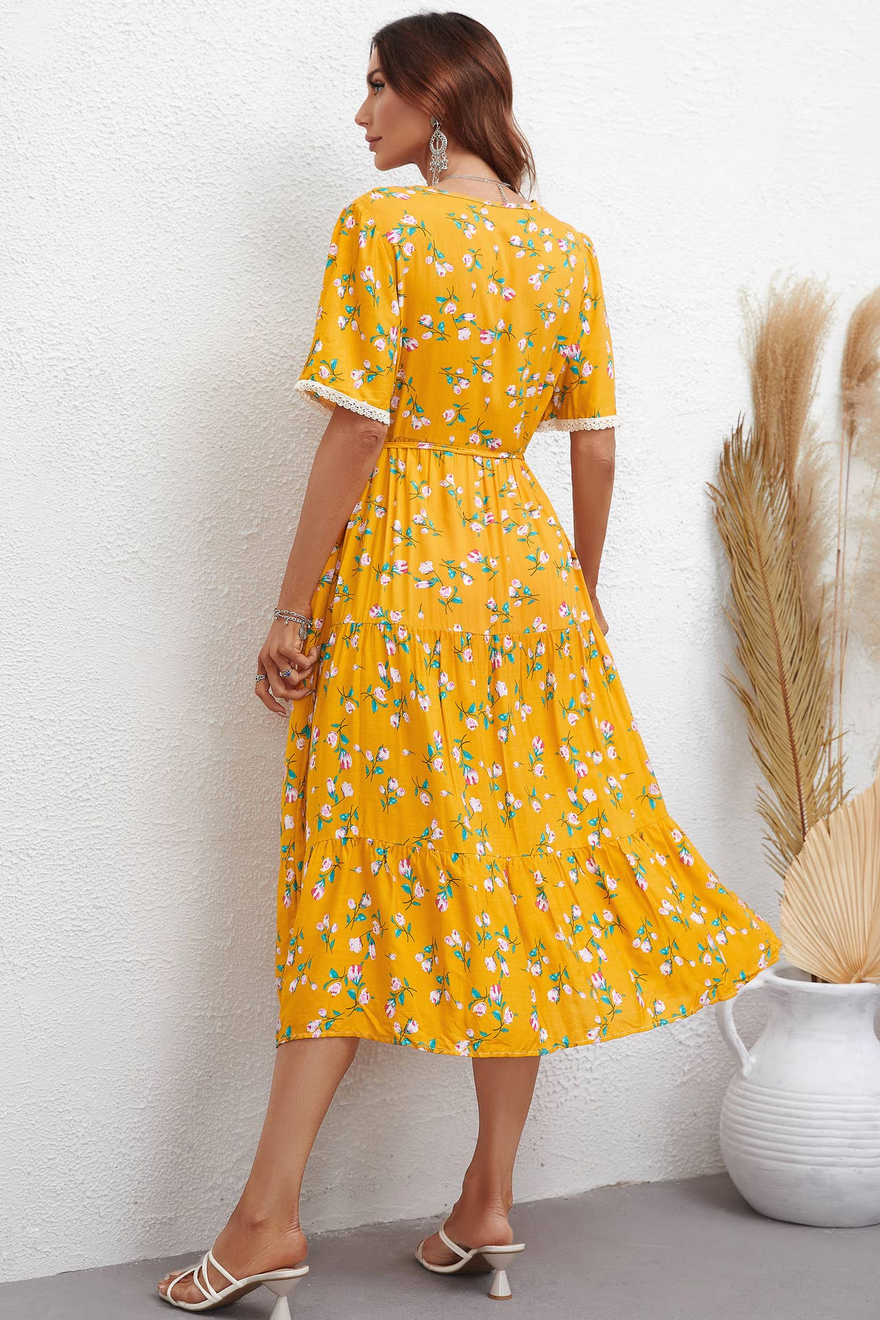 FASHION FLORAL V-NECK SHORT-SLEEVED DRESS