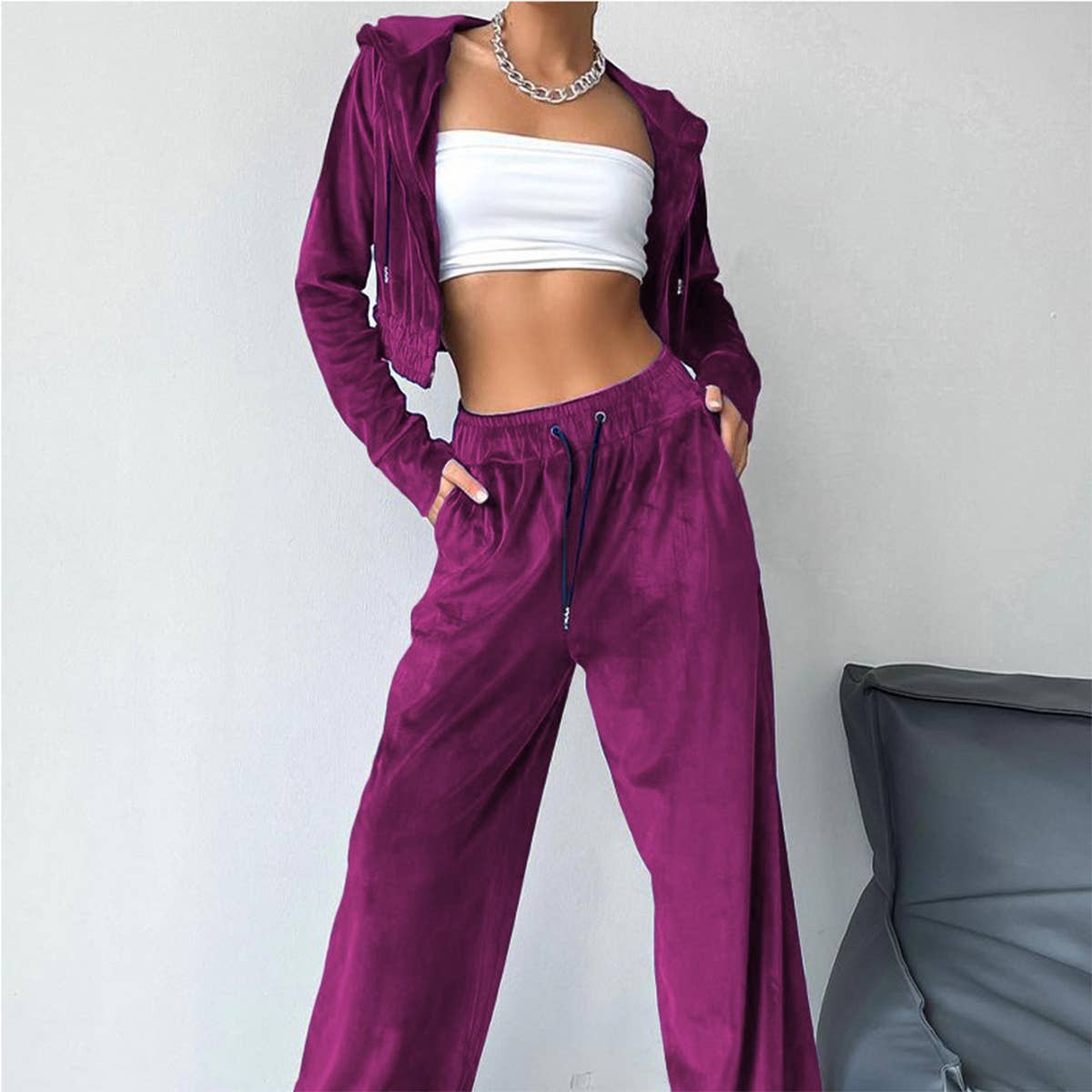 FASHION SPORTS STYLE HOODIE WIDE LEG PANTS SUIT