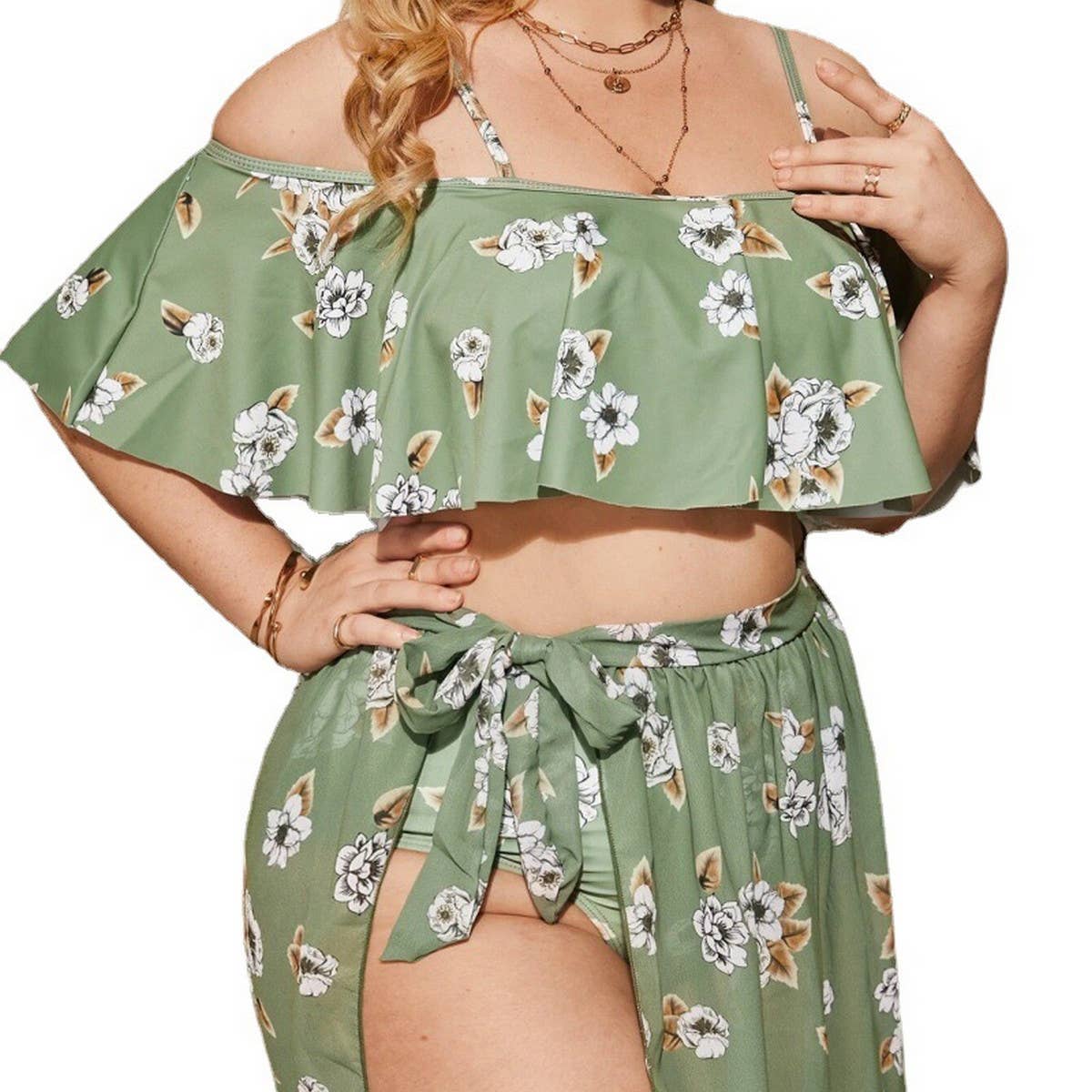 PLUS SIZE RUFFLED THREE PIECE BIKINI SWIMSUIT_CWMW0226