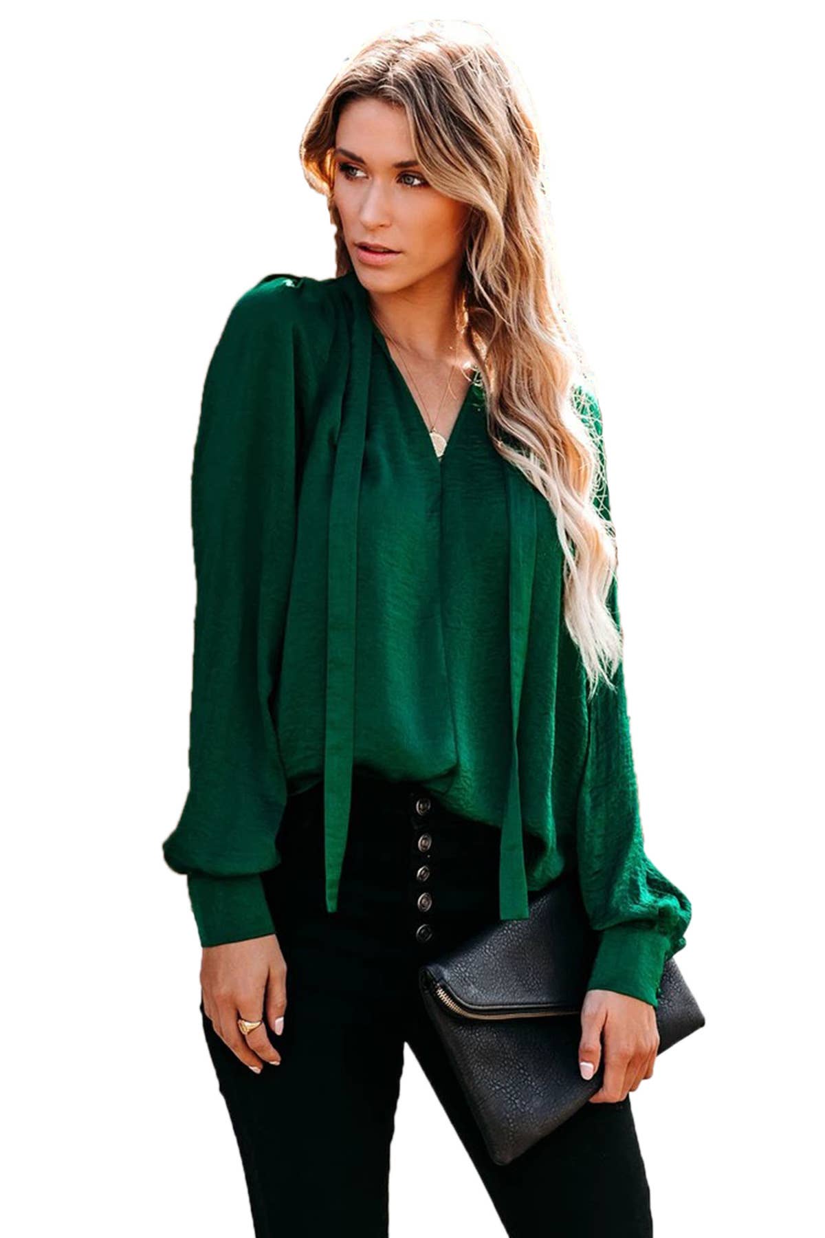 SOLID COLOR V-NECK LACE-UP LONG SLEEVE SHIRT