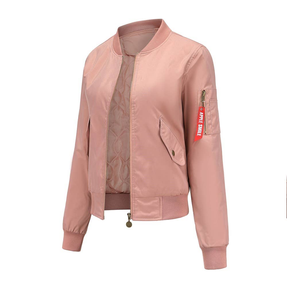 SOLID COLOR ZIPPER BOMBER JACKET