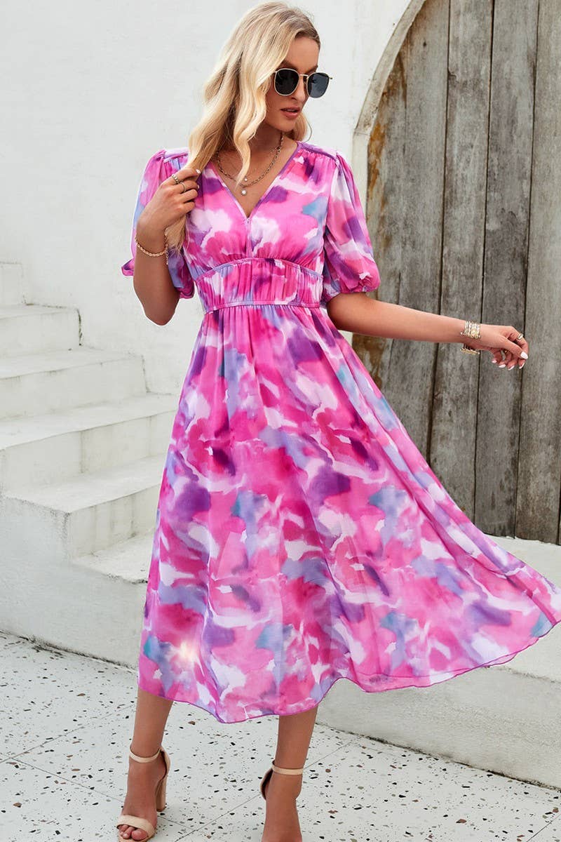 CWDMD0995_Deep V-Neck Short Sleeve Floral Print Midi Dresses