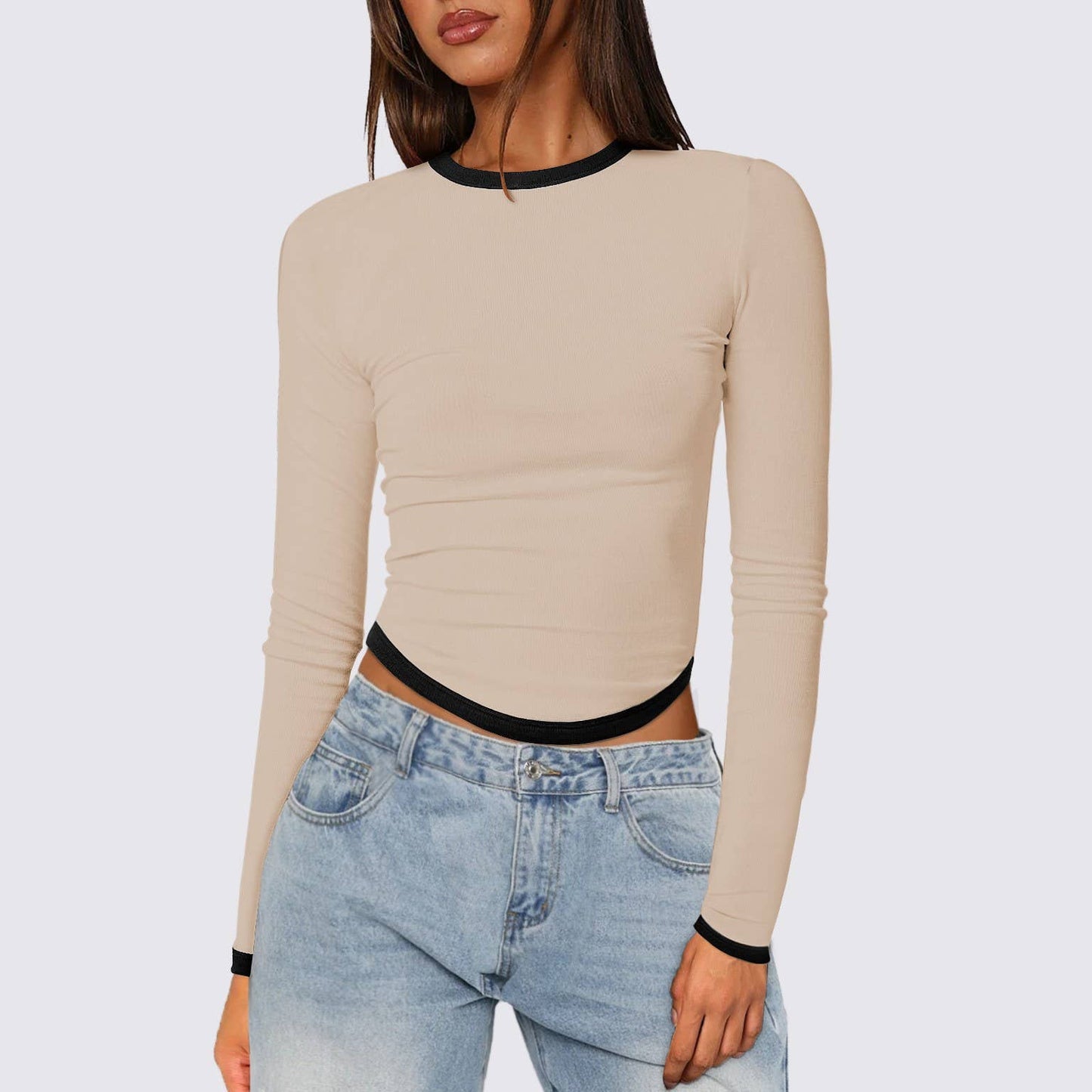 LONG SLEEVE ROUND NECK SLIM-FIT COLOR SHORT TOP