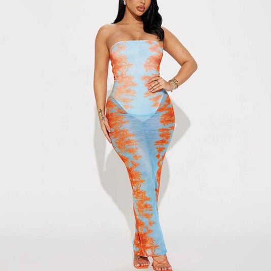 See-through mesh printed one-line collar dress