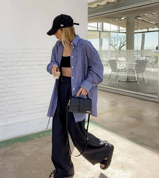 Striped cotton long sleeve loose button-up shirt