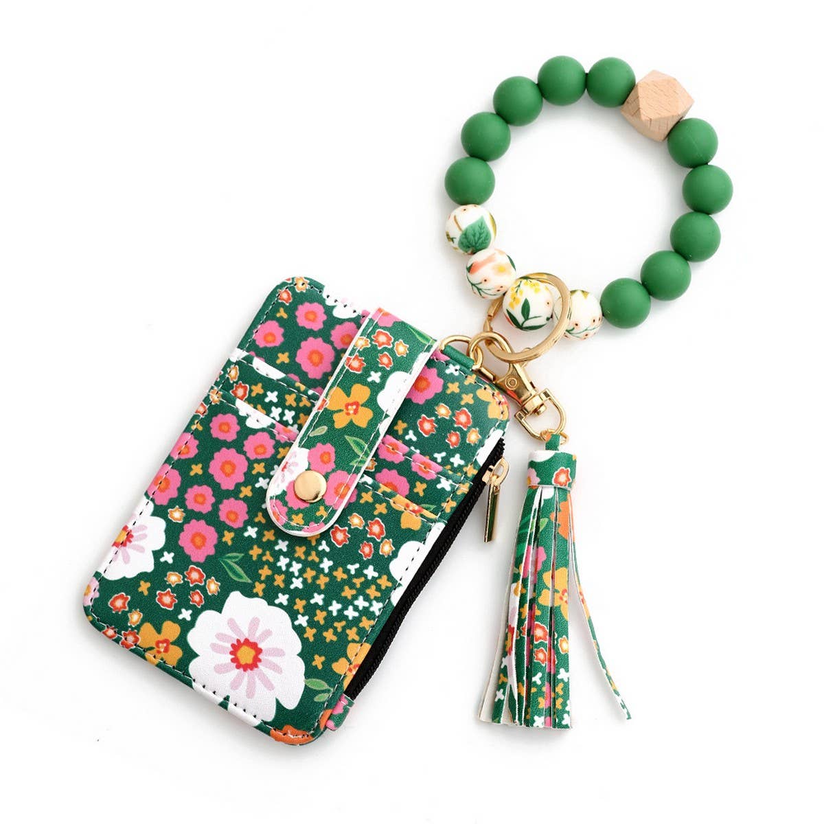 Floral PU Wallet with Bead Bracelet & Card Holder_CWAB4955