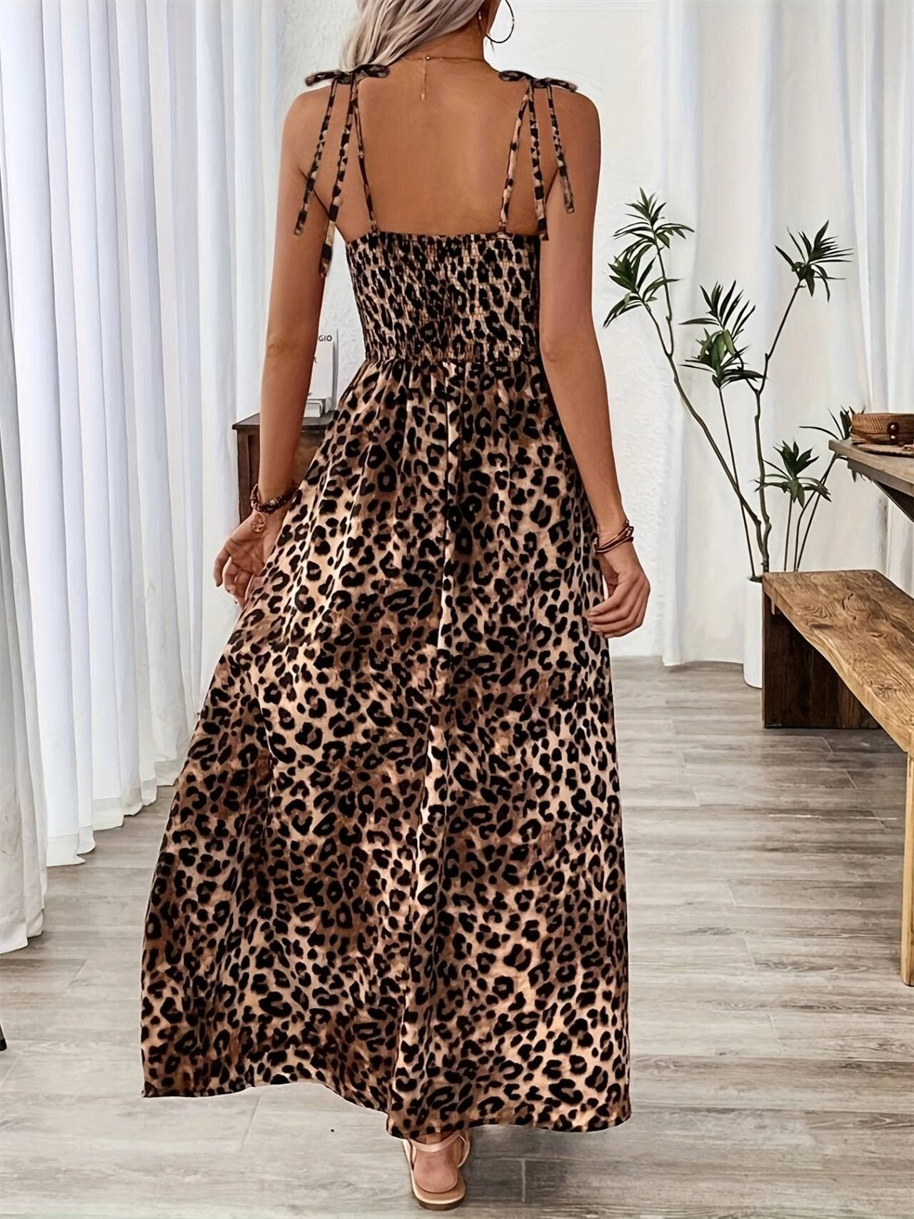 Leopard print halter backless vacation dress