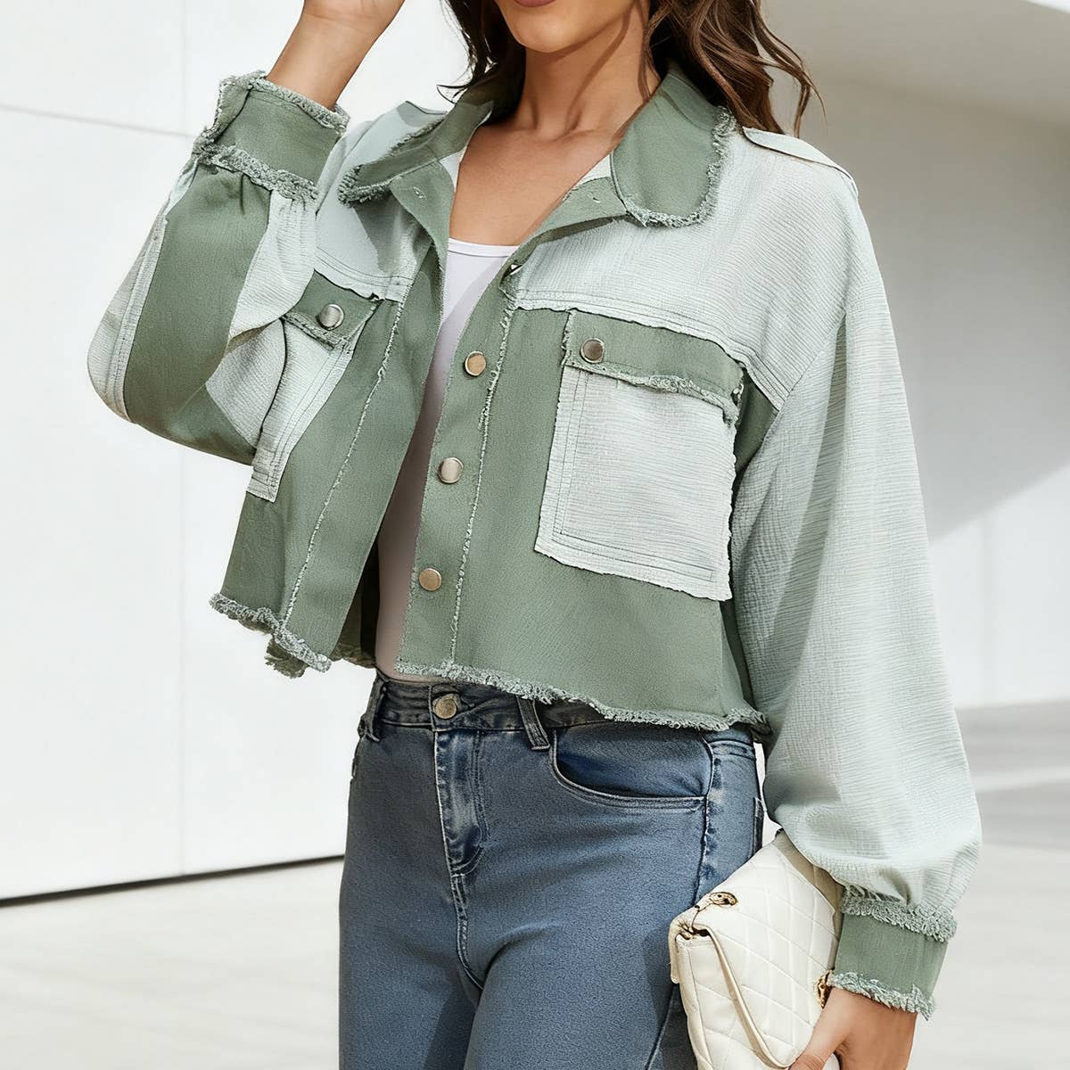 Lapel waffle check color-blocked short coat