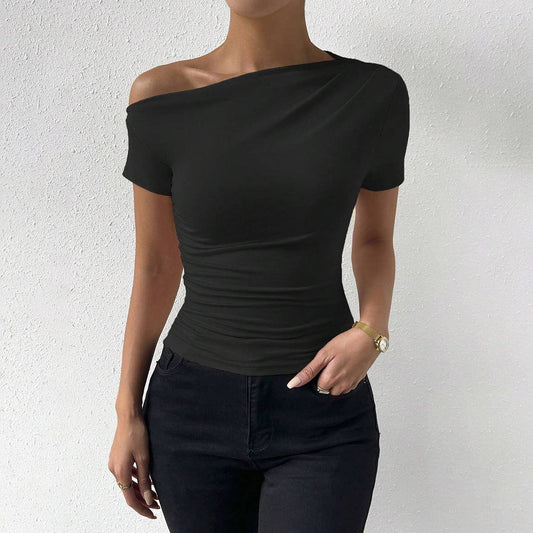 Short-sleeved top with sloping neck design