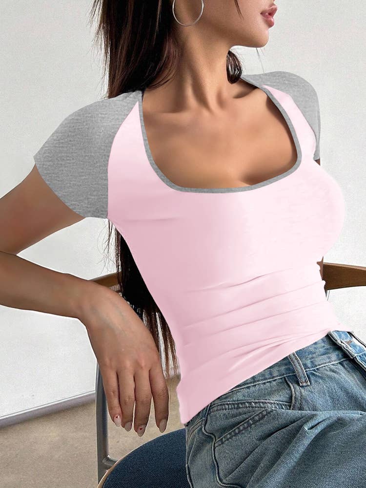 Sexy slim U-neck color short-sleeved pullover top