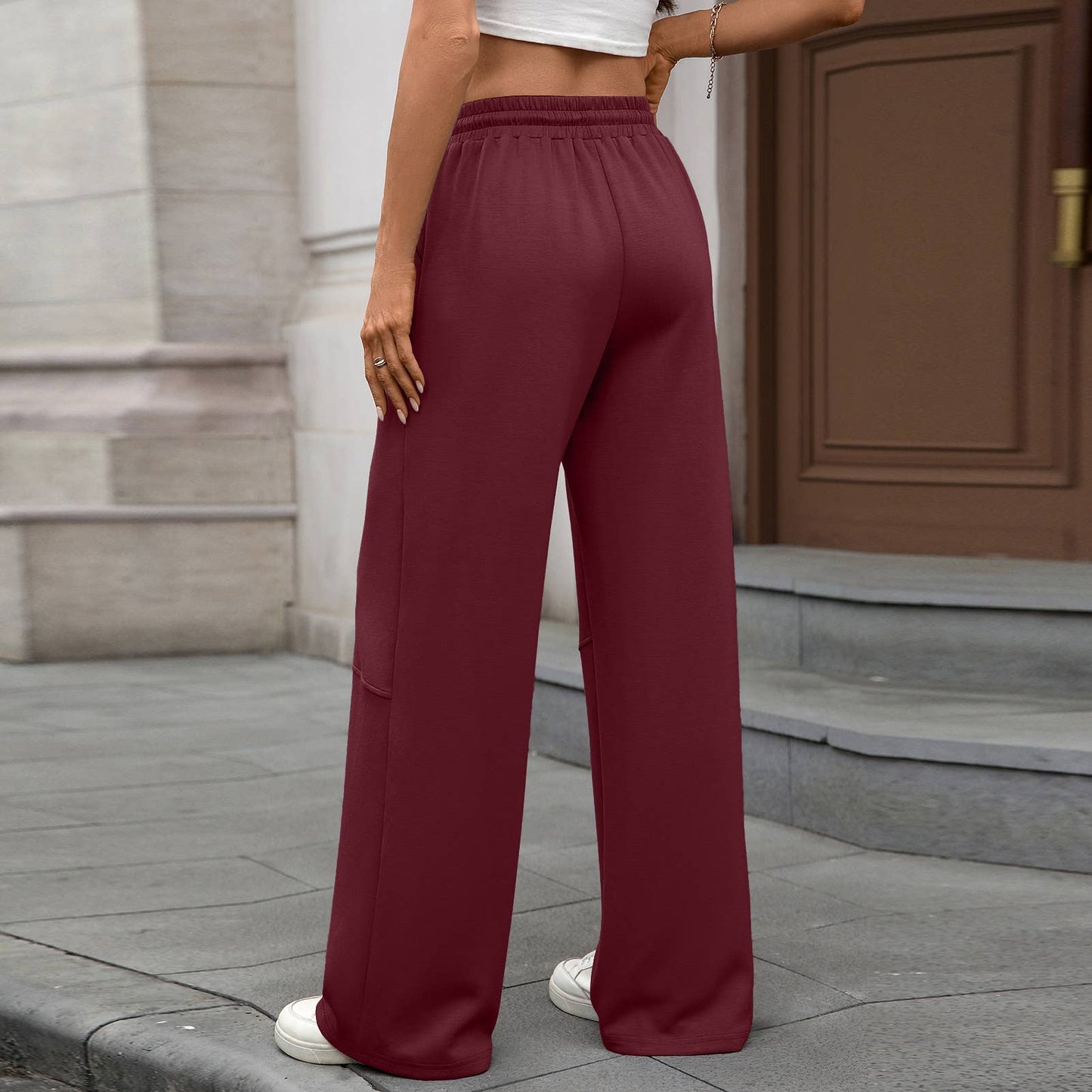 Stretch waist drawstring pocket wide leg pants