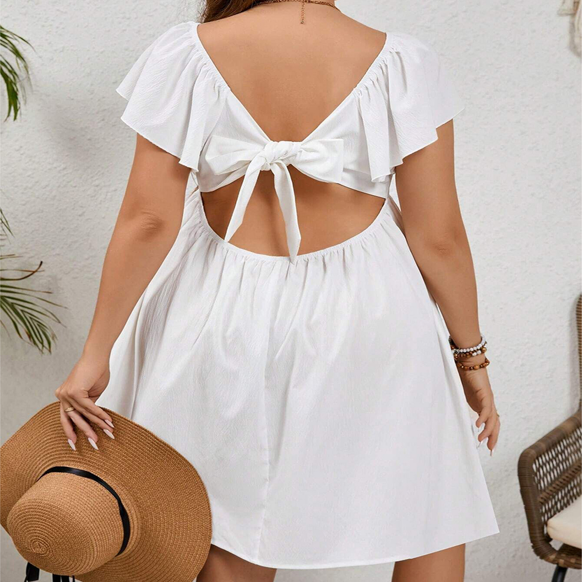 Square Neck Ruffle Sleeve Backless Tie Dress_CWDMD6060