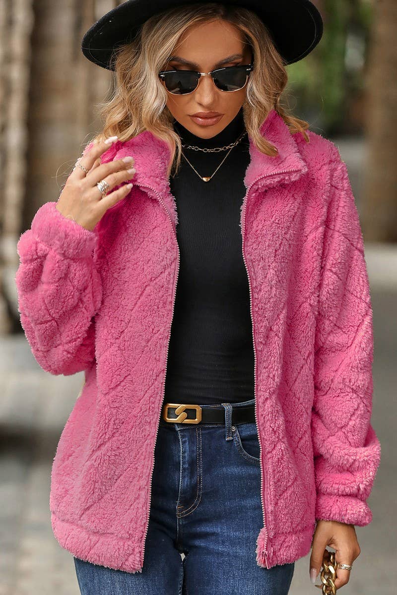 WOMEN SOLID QUILTING LAPEL FLEECE PLUSH JACKET_CWOJA0637