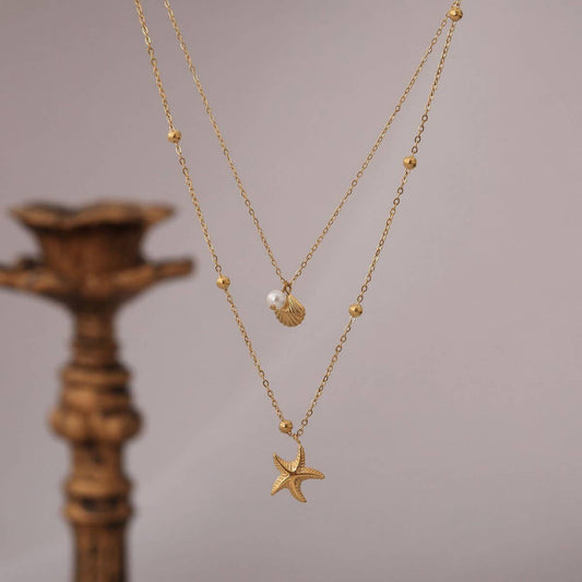 Summer Double Starfish Shell Necklace_CWMM5549