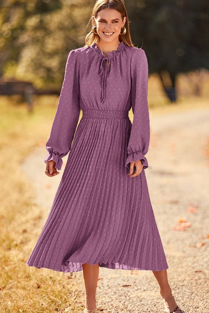 CWDMD4715_V-NECK POLKA DOT PLEATED FLOWY MAXI DRESS