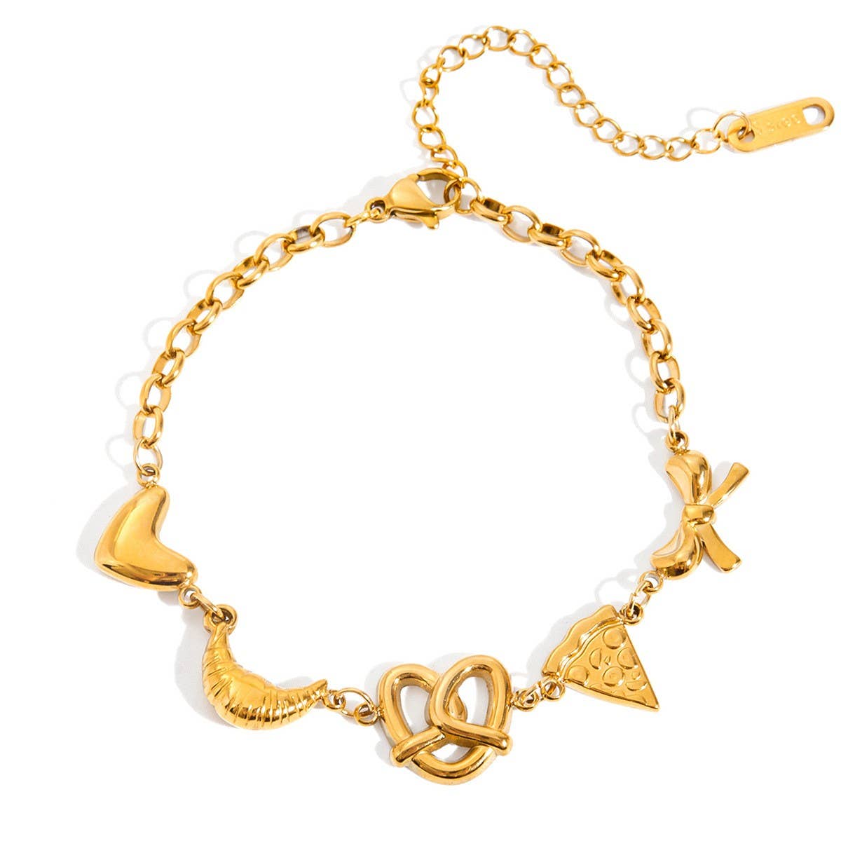 Cute Heart Croissant Pizza Bow Bracelet, 18K Gold