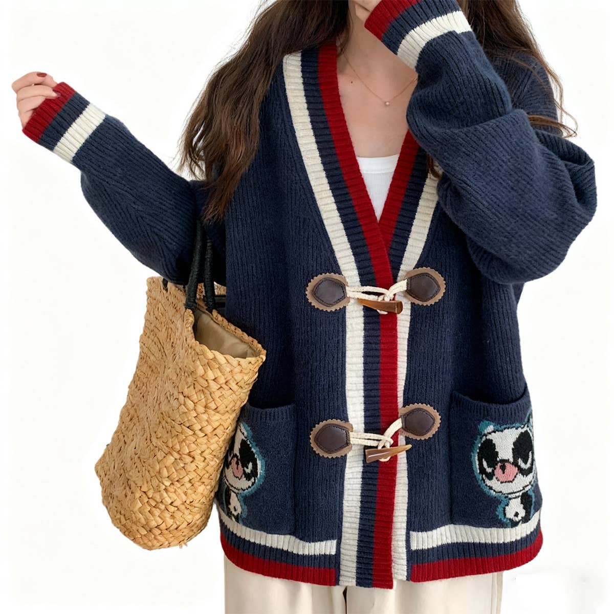 Art collage horn button V-neck knitted cardigan