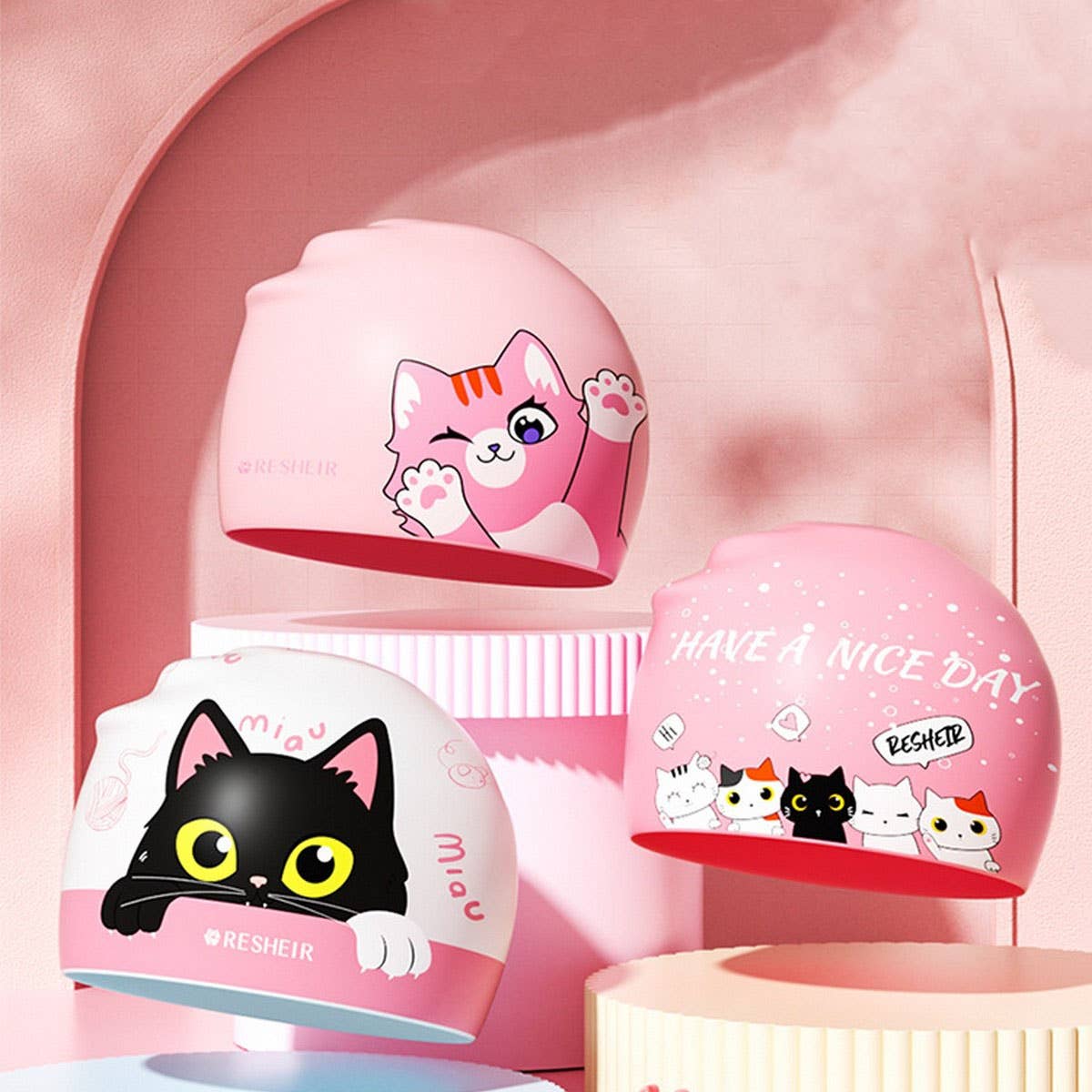 Girls Swim Cap Silicone Waterproof Cute Ear Cover