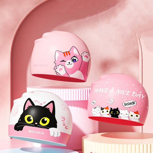 Girls Swim Cap Silicone Waterproof Cute Ear Cover