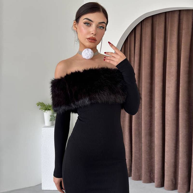 STYLISH ELEGANT ONE-LINE SHOULDER SLIM-FIT DRESS