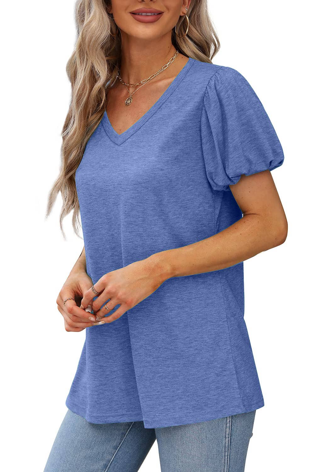 V-NECK LANTERN SLEEVE SOLID SHORT-SLEEVED TOP