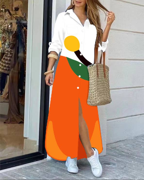 Fashion Long-Sleeved Printed Shirtdress - Recycled Material