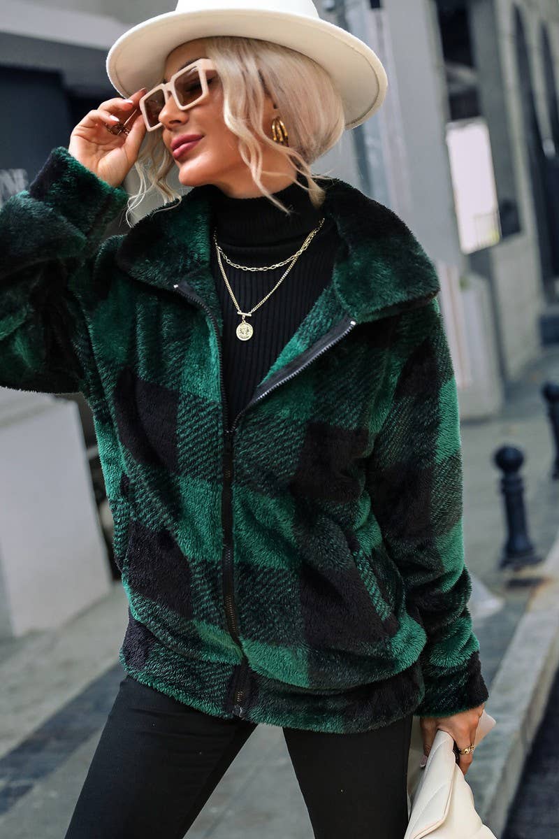 WOMEN LOOSE FIT OVERSIZED PLAID FLEECE JACKET_CWOJA0634