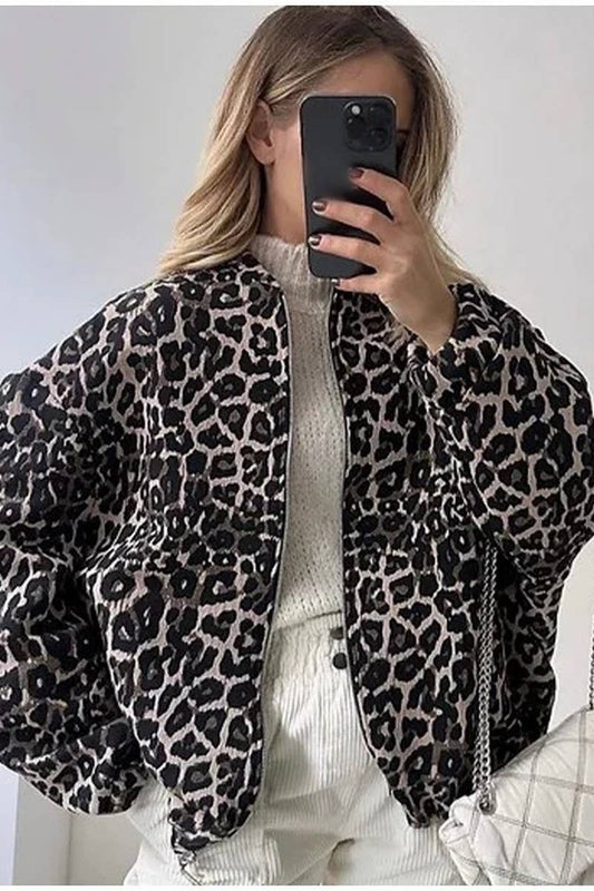 CWOCO1077_CASUAL LEOPARD PRINT ZIP-UP JACKET