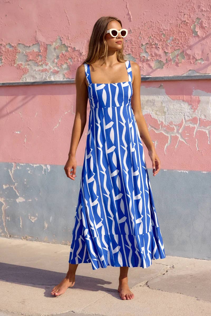 Holiday style French halter print long dress