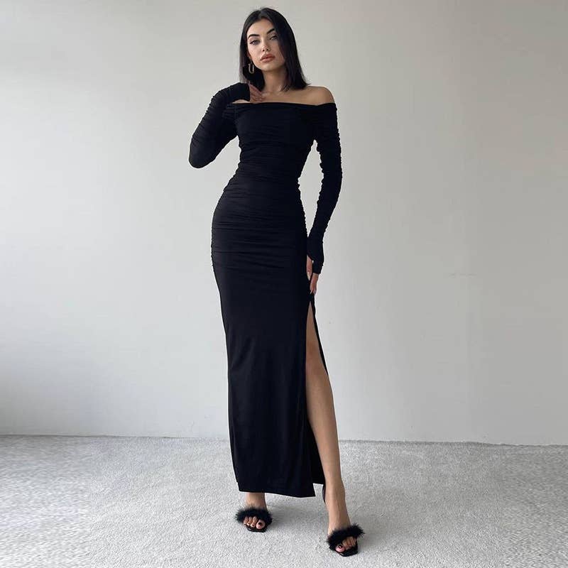 Solid-color long-sleeved hip-hugging dress